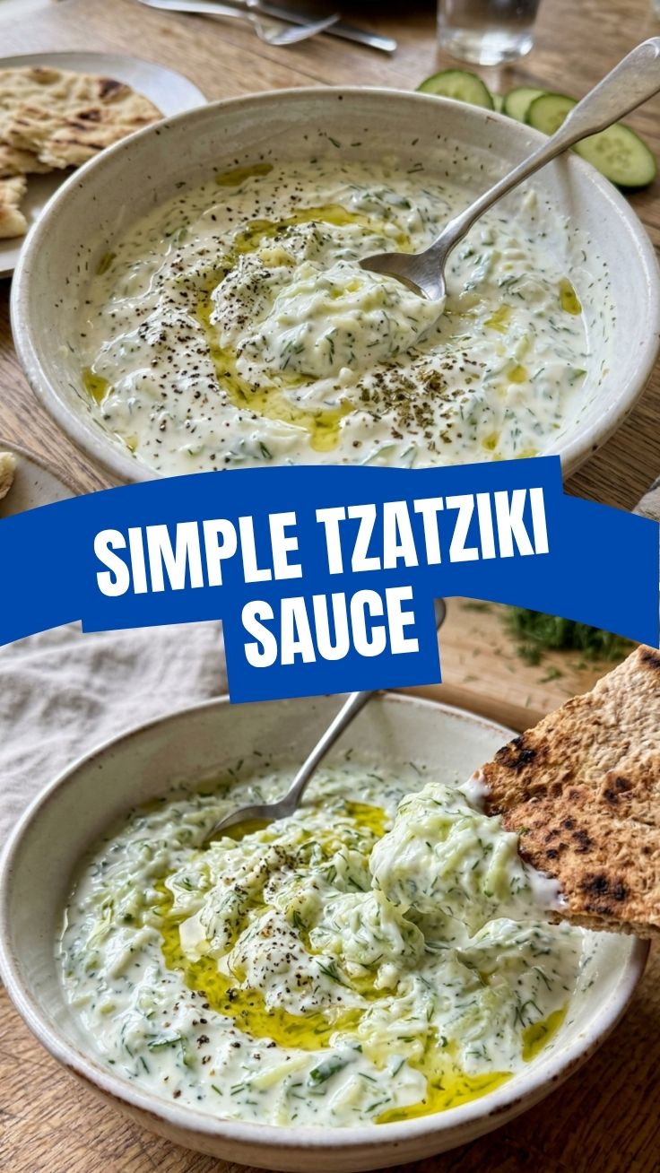 A bowl of fresh homemade tzatziki sauce with dill garnish
