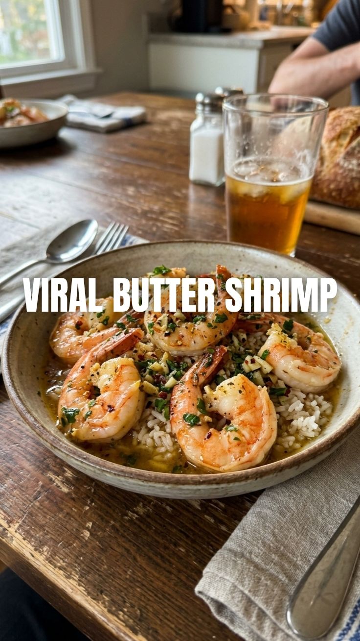 Close-up of perfectly cooked garlic butter shrimp in a pan with herbs