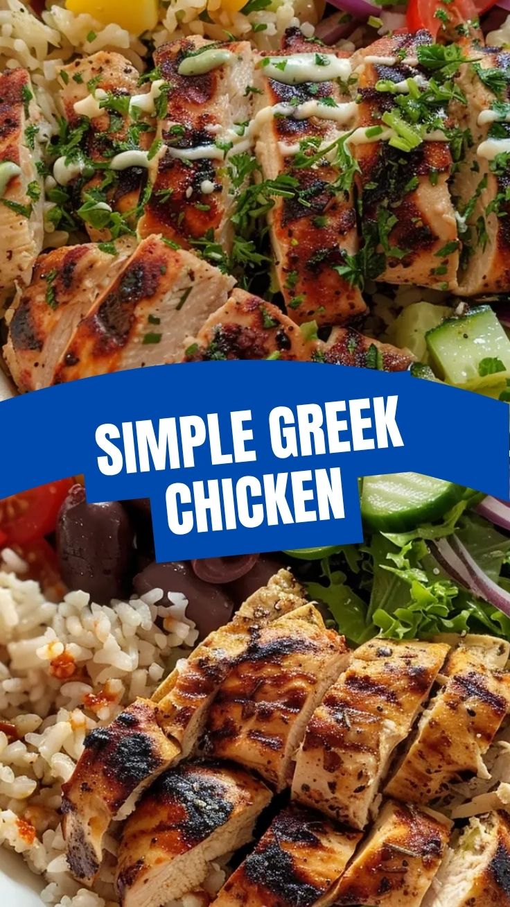 Colorful Greek chicken bowl with grilled chicken, feta, and fresh vegetables.