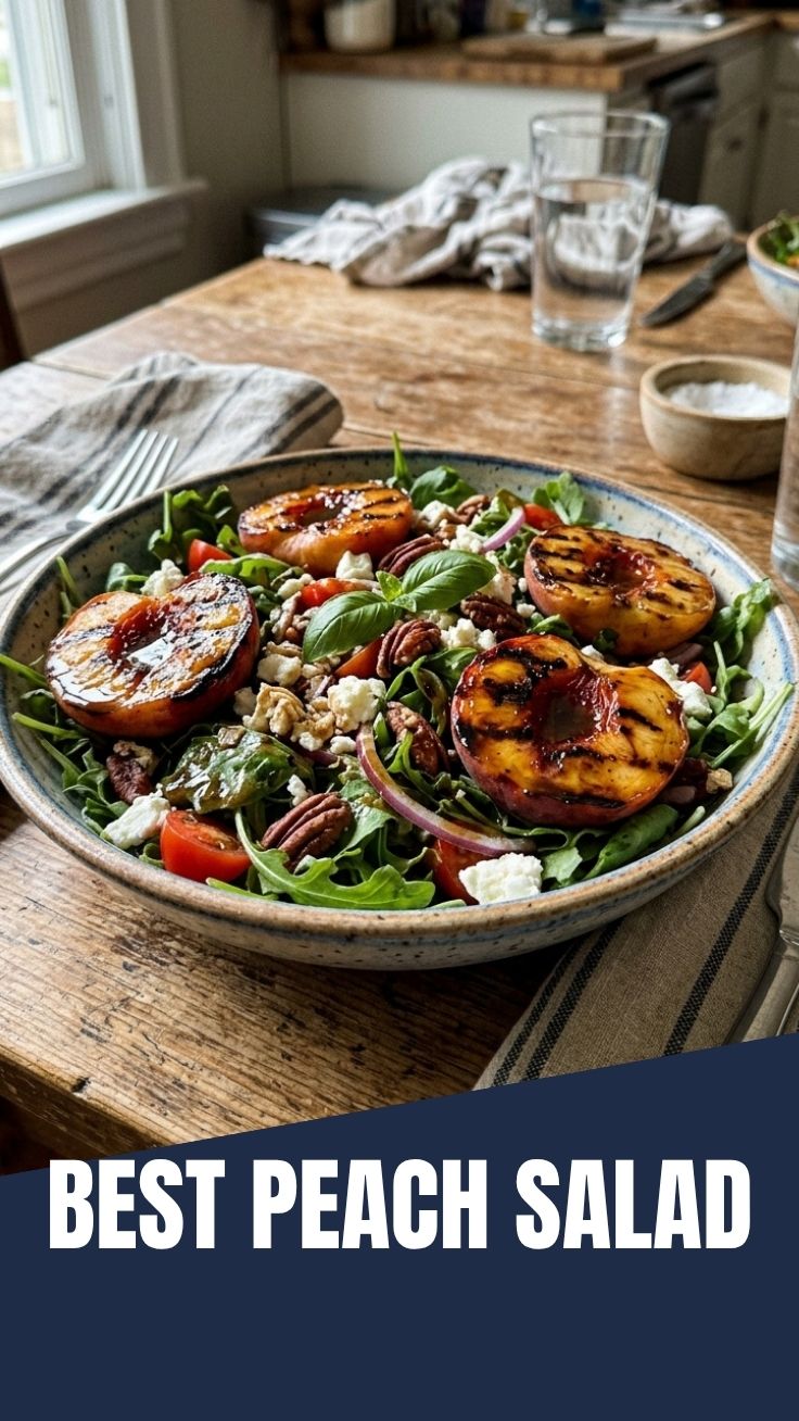 A vibrant grilled peach salad with leafy greens and crumbled cheese.