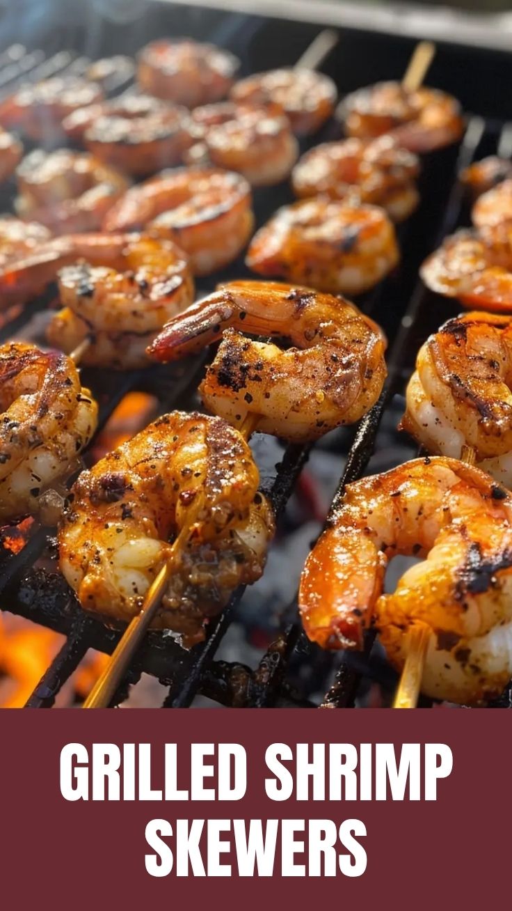 Plump grilled shrimp skewers arranged on a serving platter.