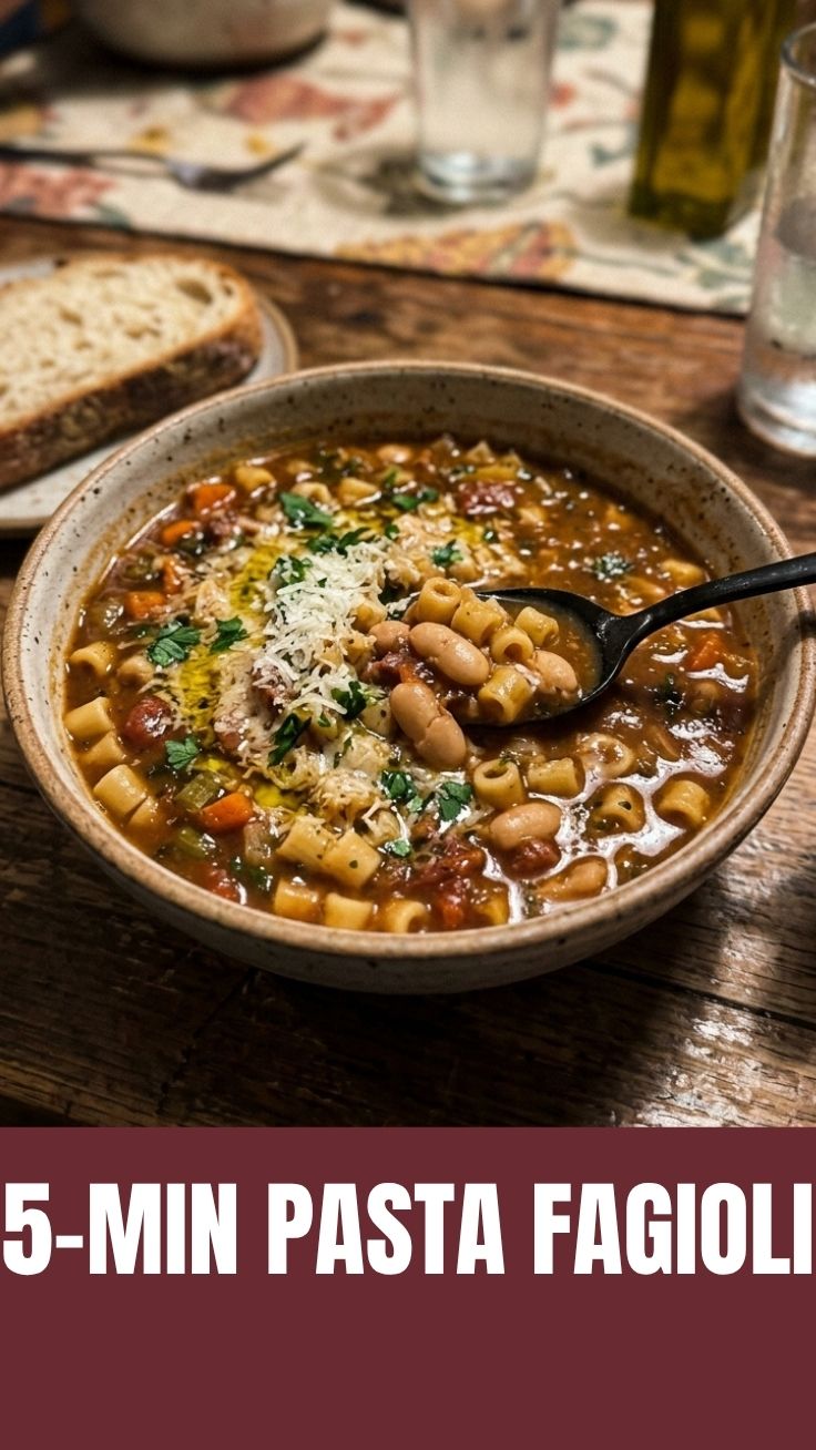 A steaming bowl of hearty pasta fagioli with beans and pasta.