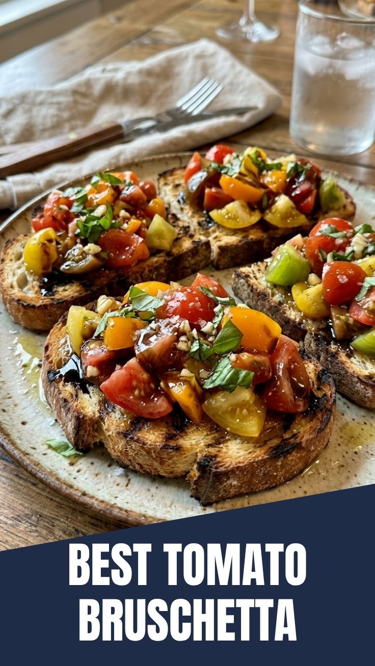Close-up of toasted bread topped with diced heirloom tomato bruschetta and fresh basil.