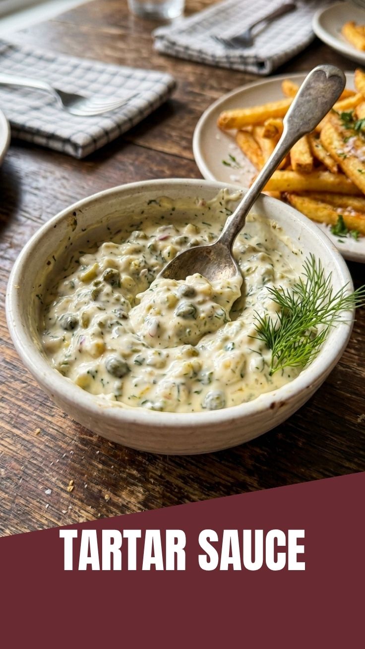 A bowl of creamy homemade tartar sauce, glistening and ready for seafood.