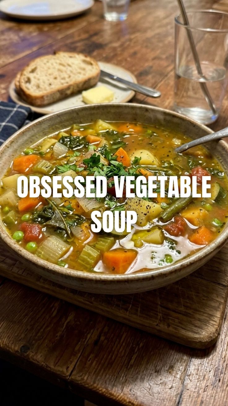 A steaming bowl of homemade vegetable soup, rich with fresh vegetables.
