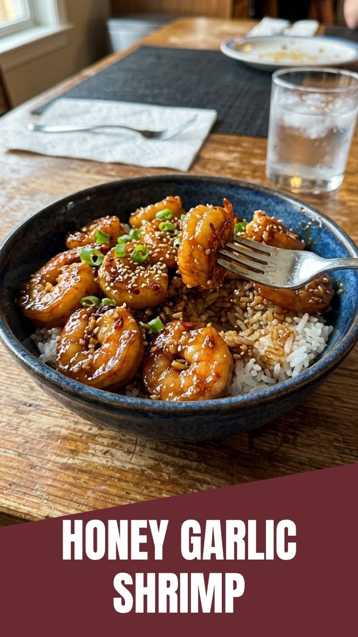 Close-up of perfectly cooked honey garlic shrimp in a pan