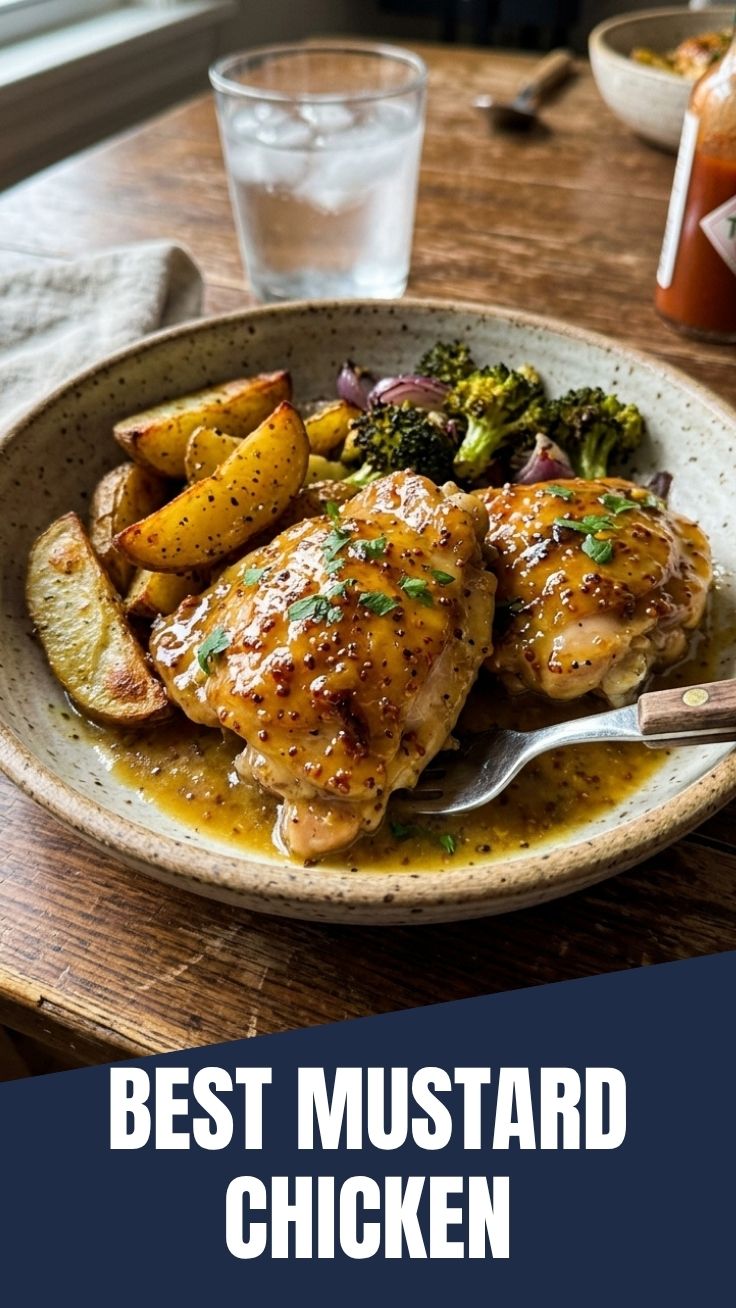 A plate of perfectly cooked honey mustard chicken with a golden glaze.