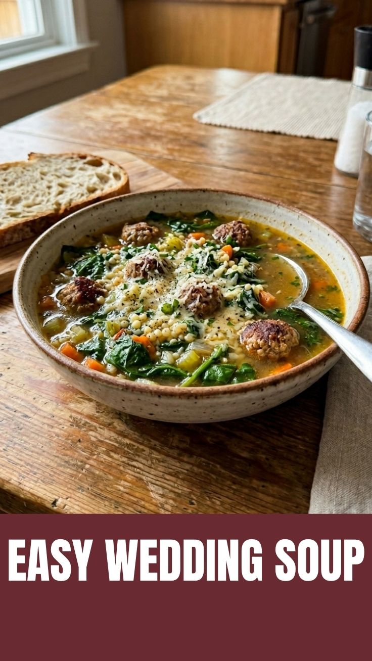 A bowl of savory Italian Wedding Soup, rich with meatballs and greens