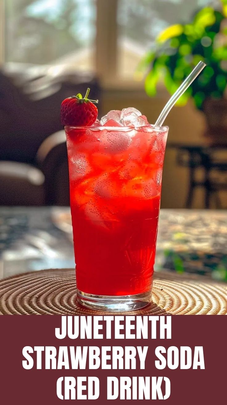 A vibrant red Juneteenth Strawberry Soda, also known as a Red Drink, in a clear glass.