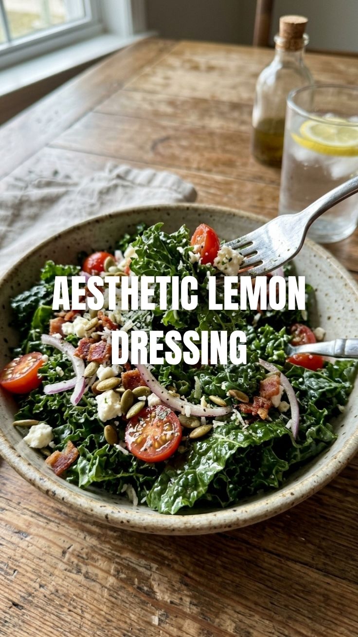 A vibrant kale salad drizzled with a tangy lemon dressing, ready to be served.