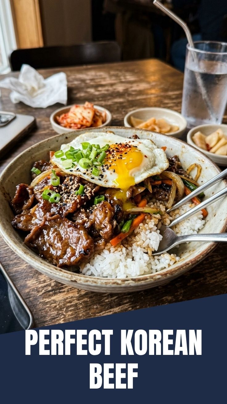 A delicious Korean beef bowl with rice and vegetables