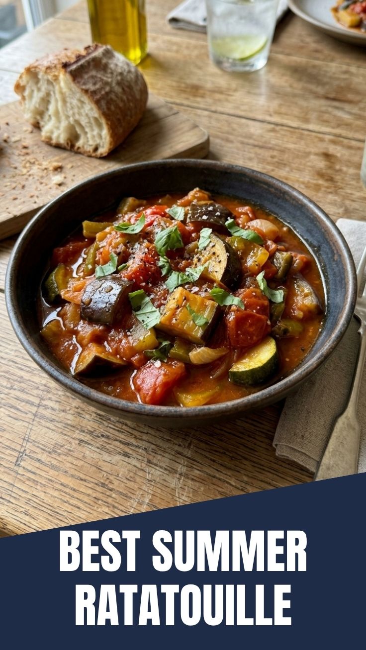 A vibrant late summer ratatouille with fresh vegetables.