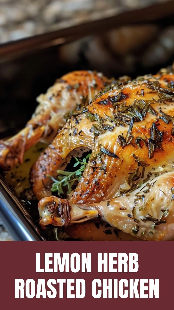 A whole lemon herb roasted chicken with golden-brown skin, garnished with fresh herbs.