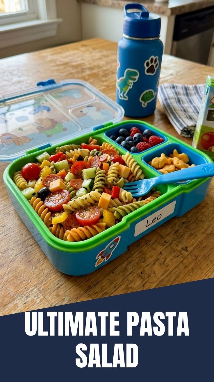A colorful lunchbox pasta salad, perfect for kids' meals.