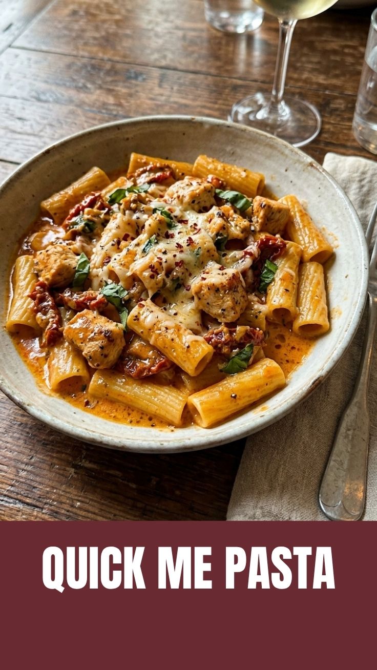 A serving of Marry Me Pasta with creamy sun-dried tomato sauce garnished with fresh basil.