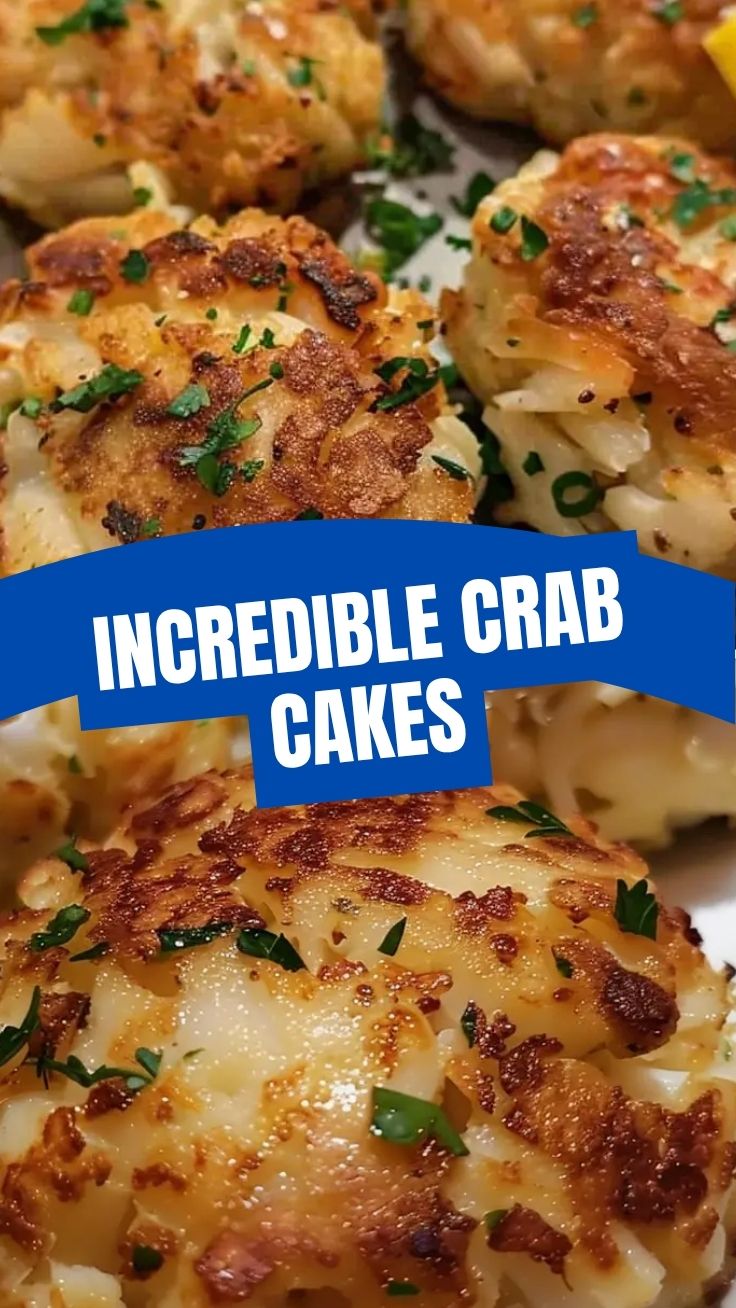 Platter of golden brown Maryland style crab cakes, perfectly seared.
