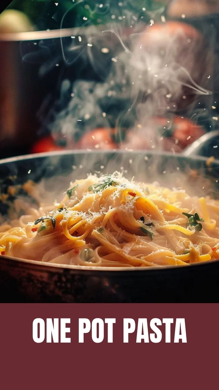 A steaming bowl of one pot pasta served on a kitchen counter.