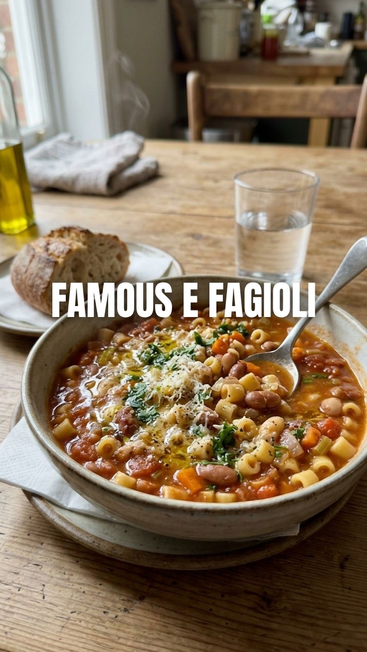 A steaming bowl of traditional Pasta e Fagioli soup with beans and pasta.