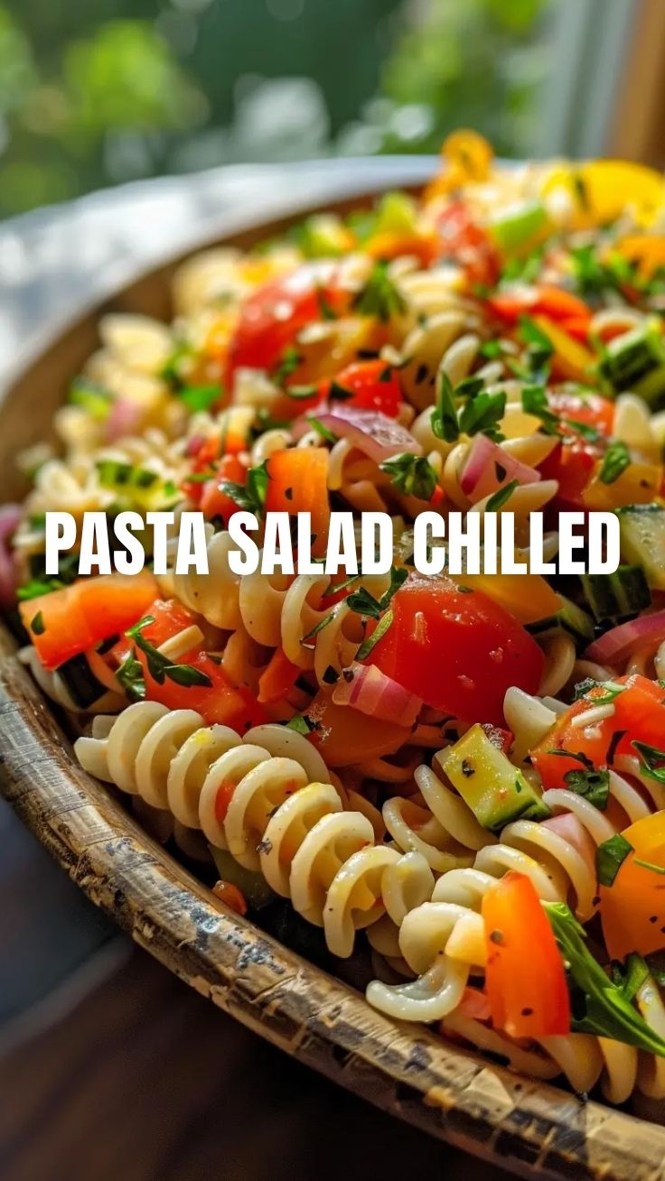 A vibrant pasta salad with fresh vegetables and dressing in a large bowl