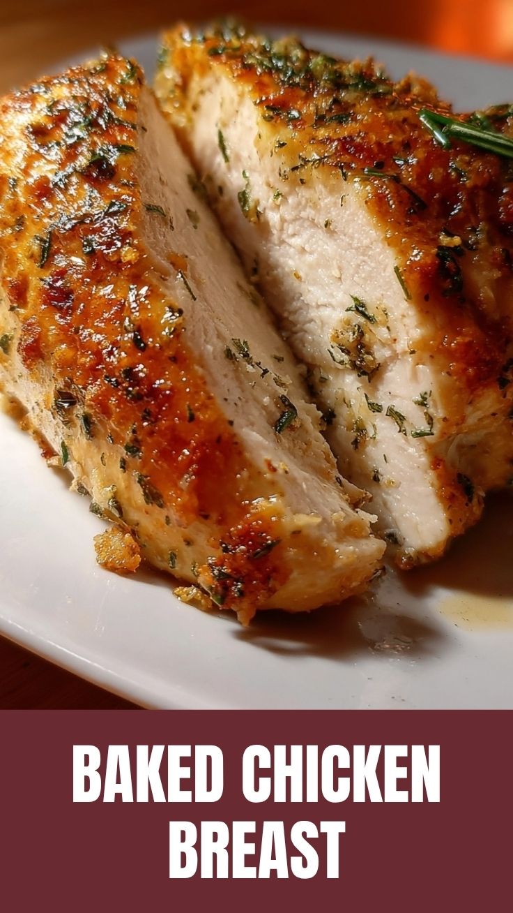A perfectly cooked baked chicken breast resting on a serving dish