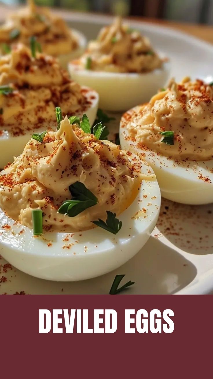 A platter of perfectly prepared deviled eggs with a sprinkle of paprika on top.