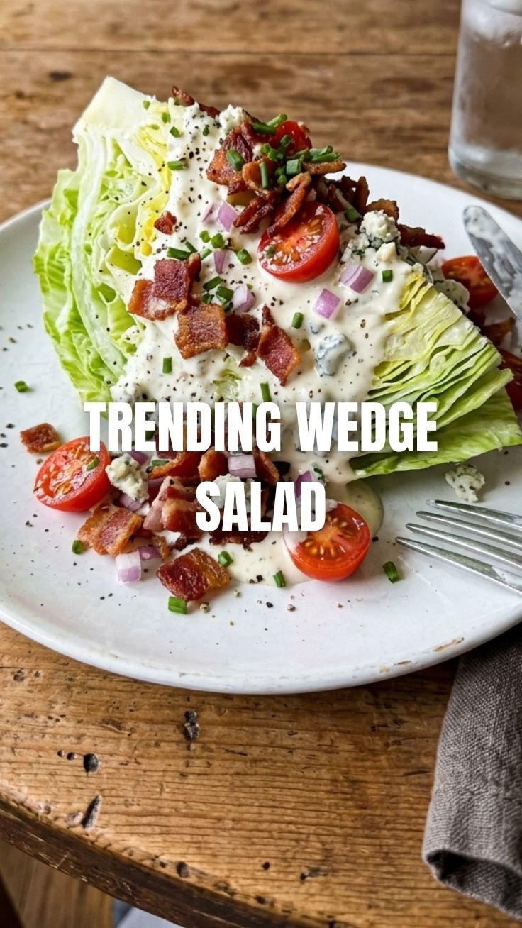 A fresh wedge salad with blue cheese dressing and bacon bits.