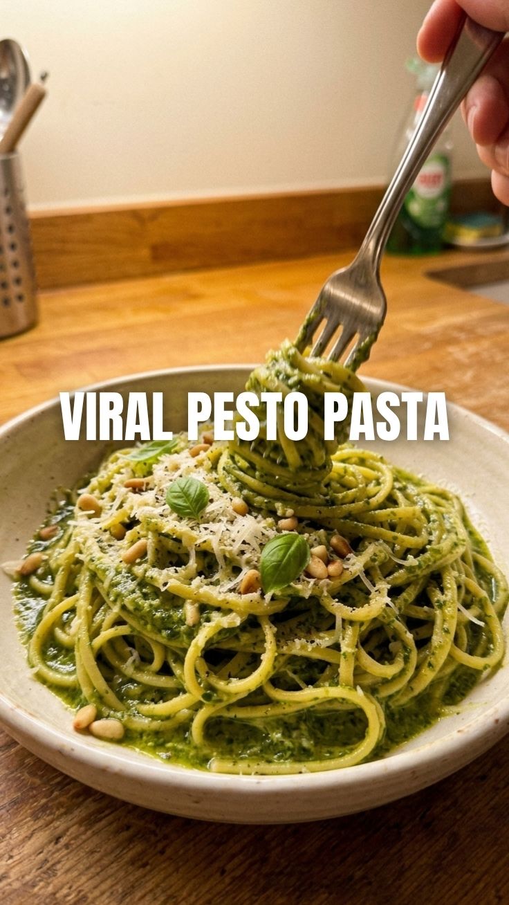 A bowl of delicious pesto pasta garnished with fresh basil