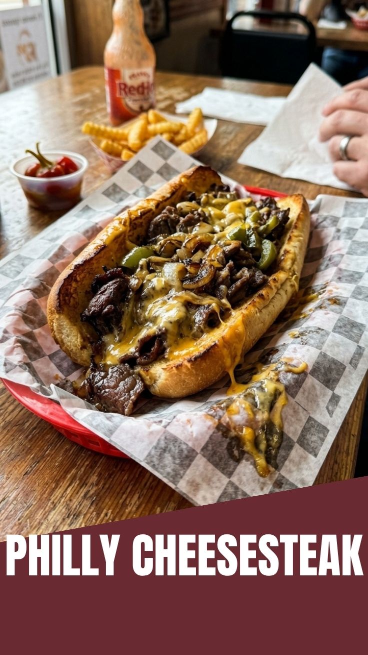 A delicious Philly Cheesesteak sandwich with melted cheese and thinly sliced steak