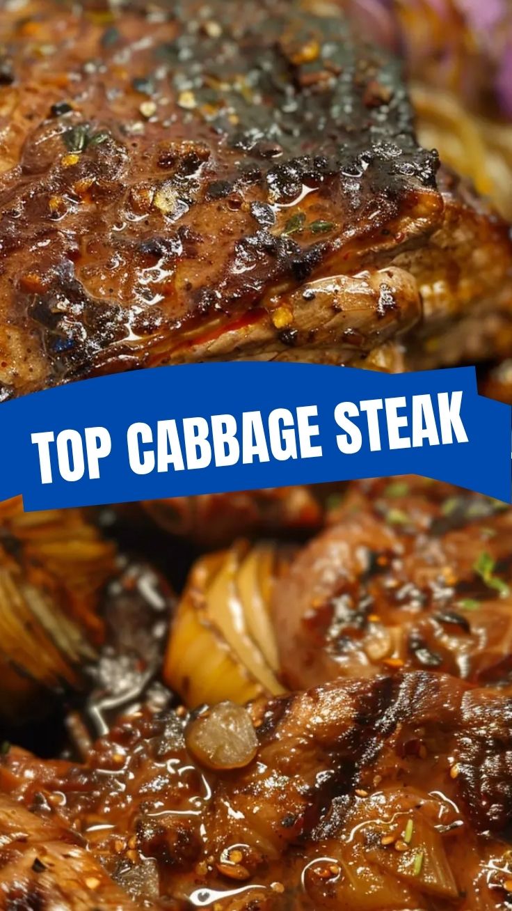 A thick slice of roasted cabbage steak, golden brown and perfectly cooked.