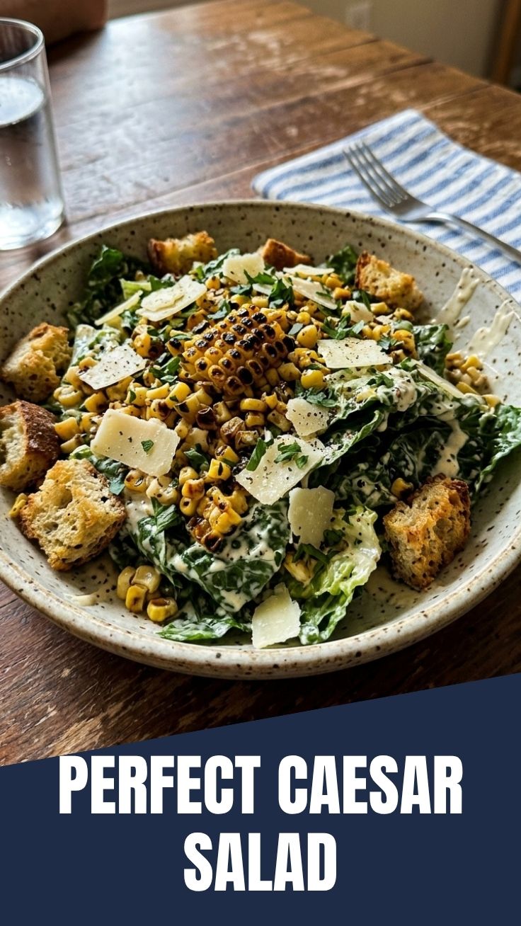 A vibrant bowl of roasted corn Caesar salad with fresh lettuce and croutons.