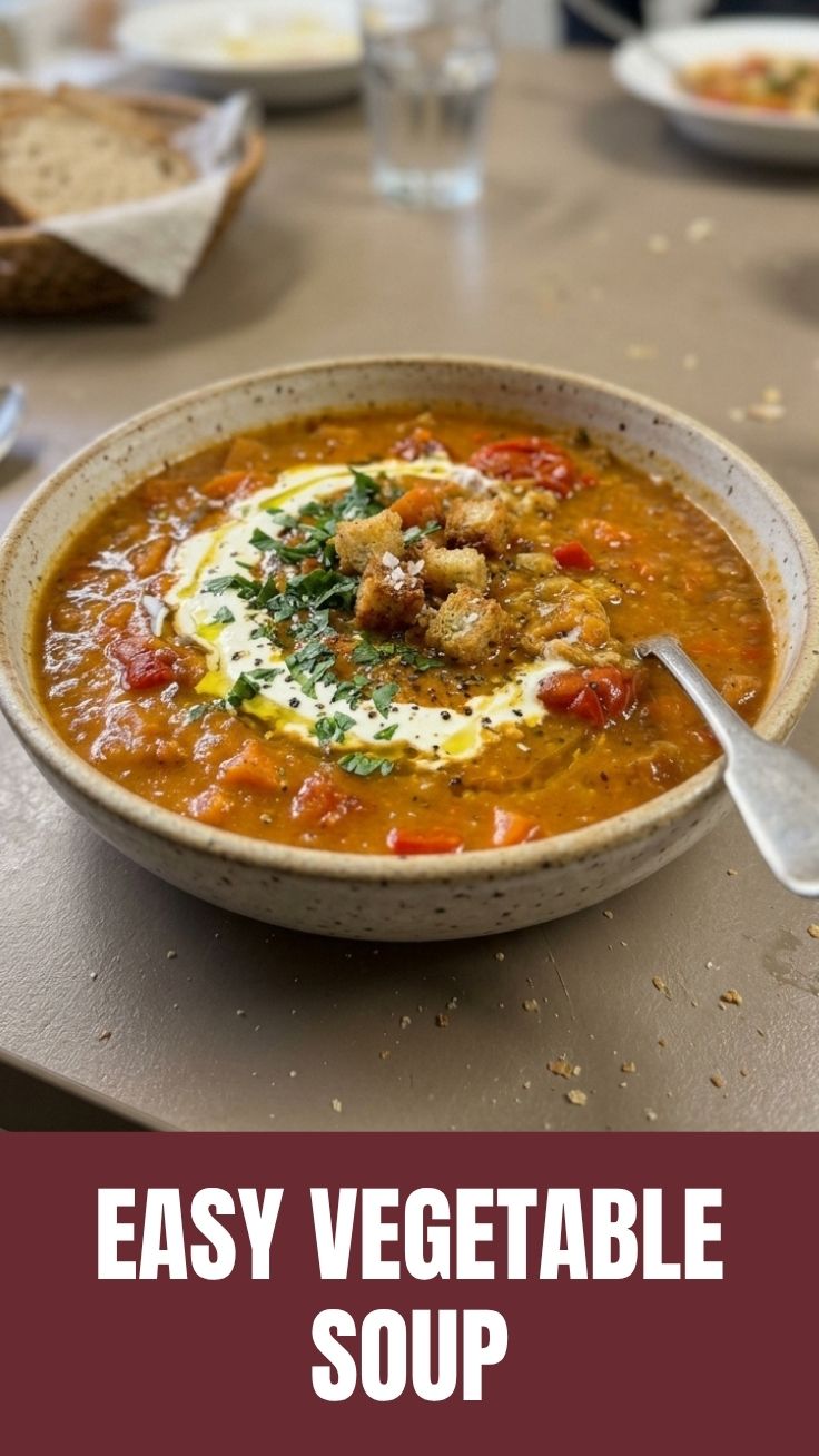 A steaming bowl of rich roasted vegetable soup