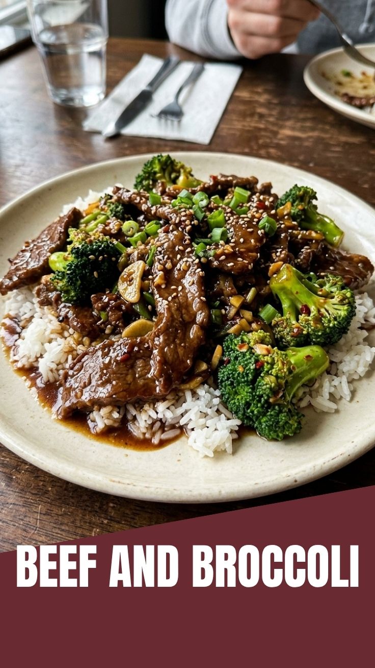 A close-up of a serving of beef and broccoli stir-fry with a rich sauce.