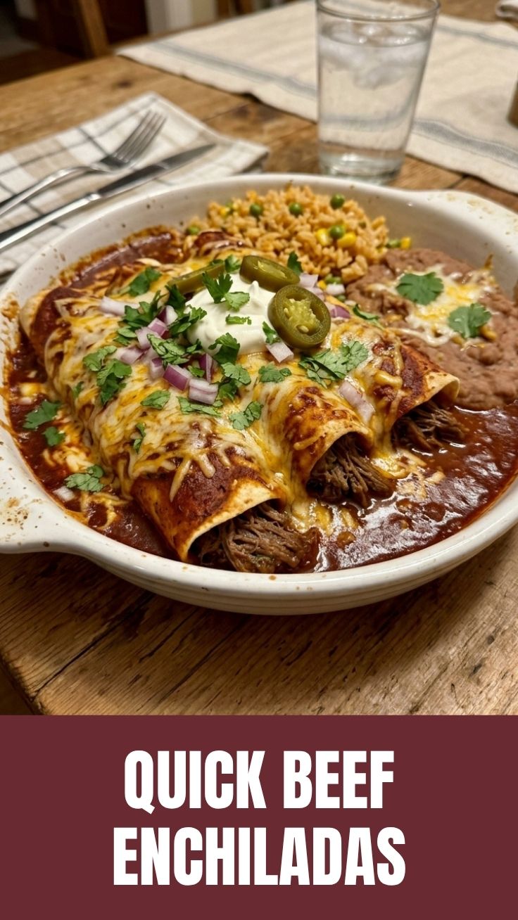 A baking dish filled with rich beef enchiladas topped with cheese and sauce