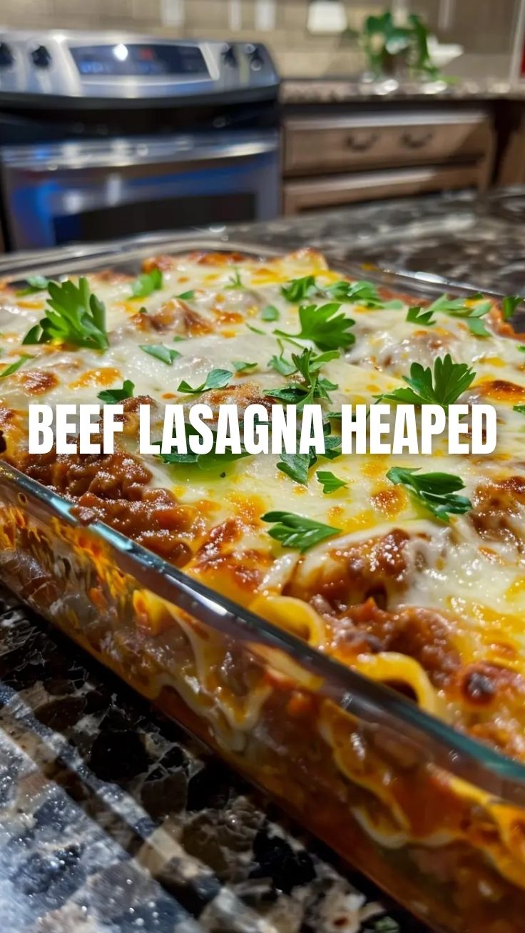 A freshly baked beef lasagna with melted cheese on top