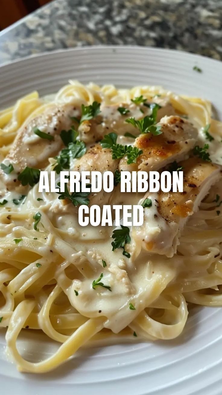 A serving of creamy chicken Alfredo pasta on a white plate.