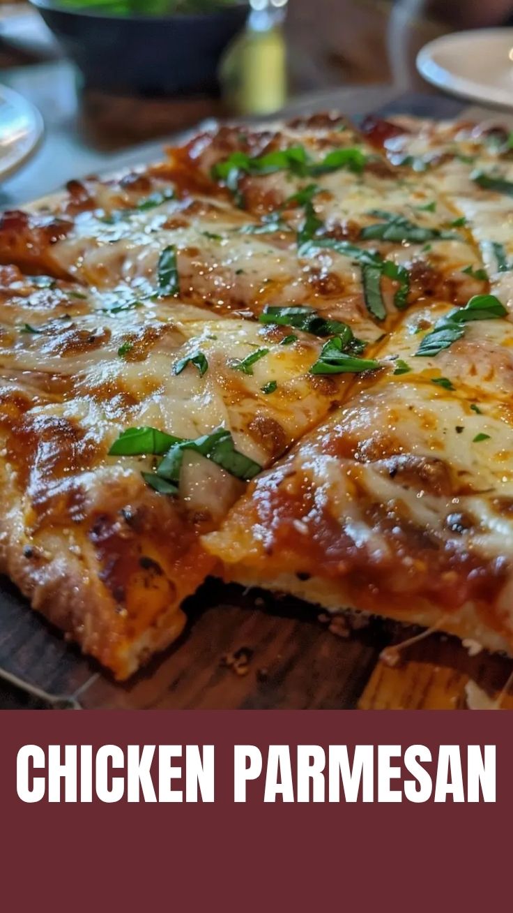 A plate of savory chicken parmesan topped with melted cheese and marinara sauce.