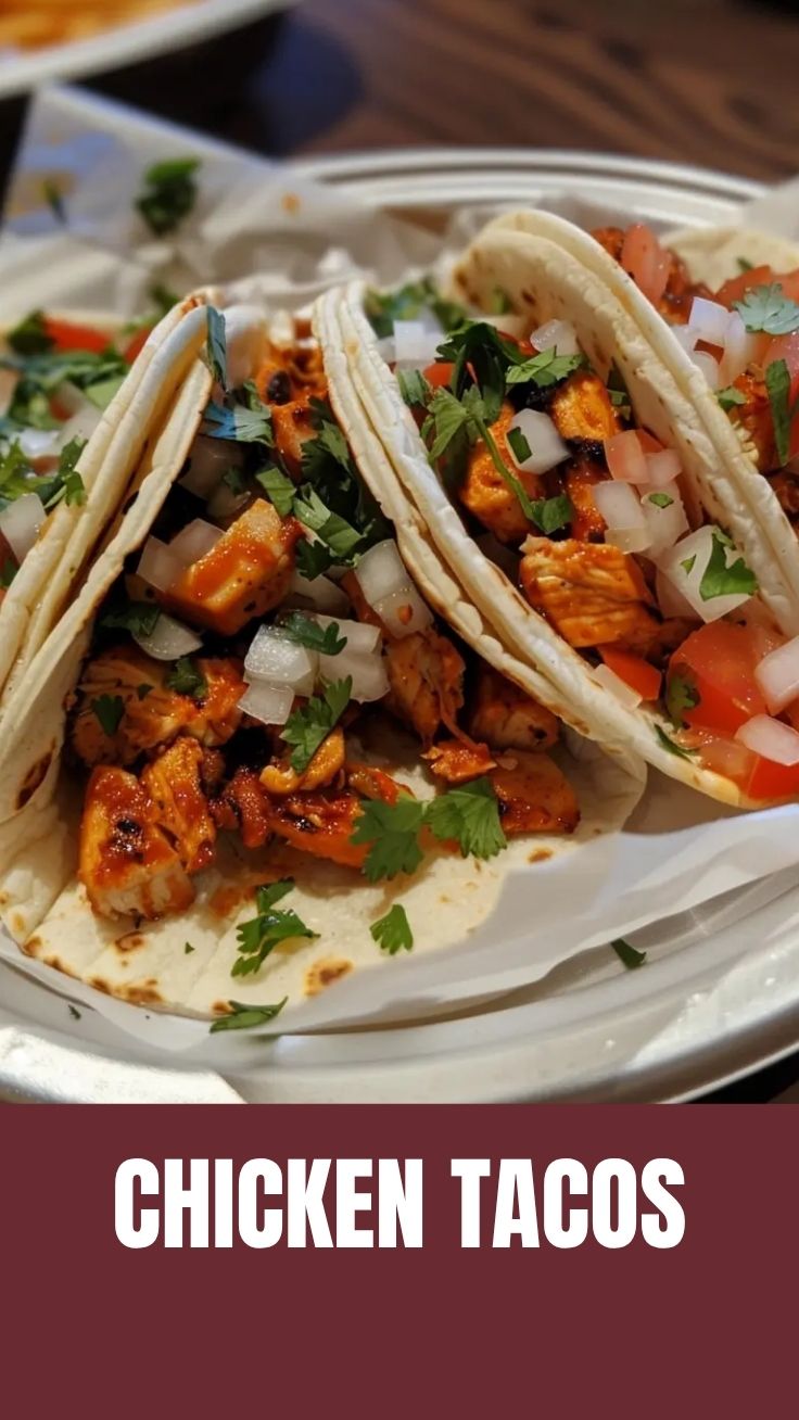 Delicious chicken tacos with various toppings arranged neatly on a platter.