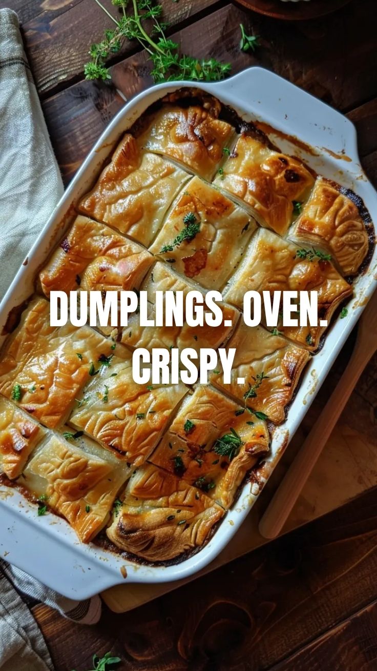 A golden-brown dumpling bake fresh out of the oven