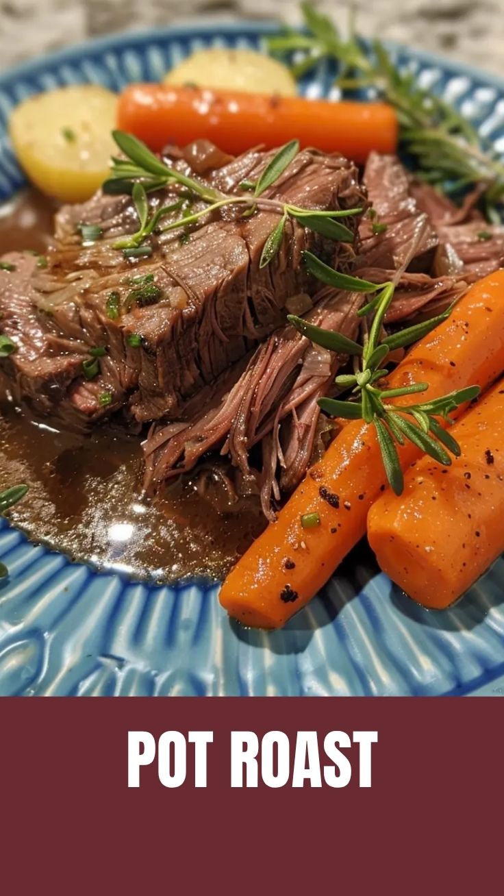 A serving of slow-cooked pot roast with vegetables