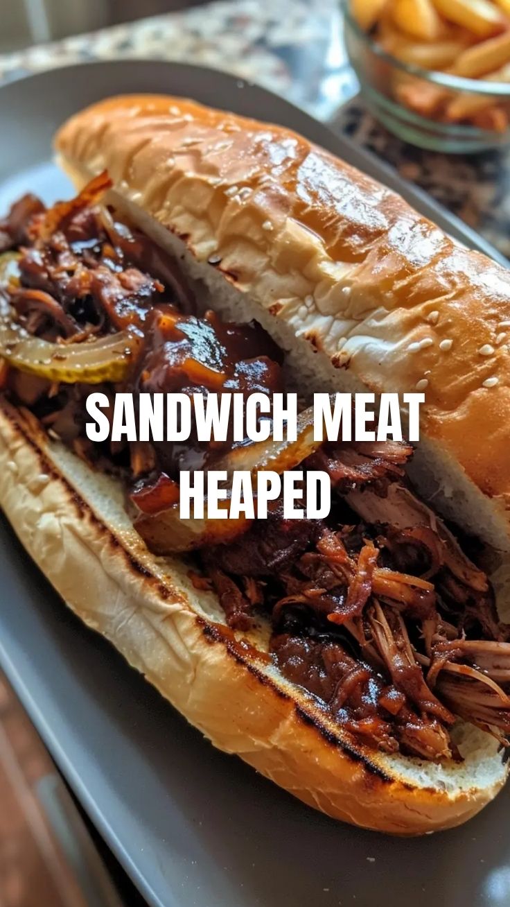 A close-up of a juicy pulled sandwich overflowing with tender meat and sauce