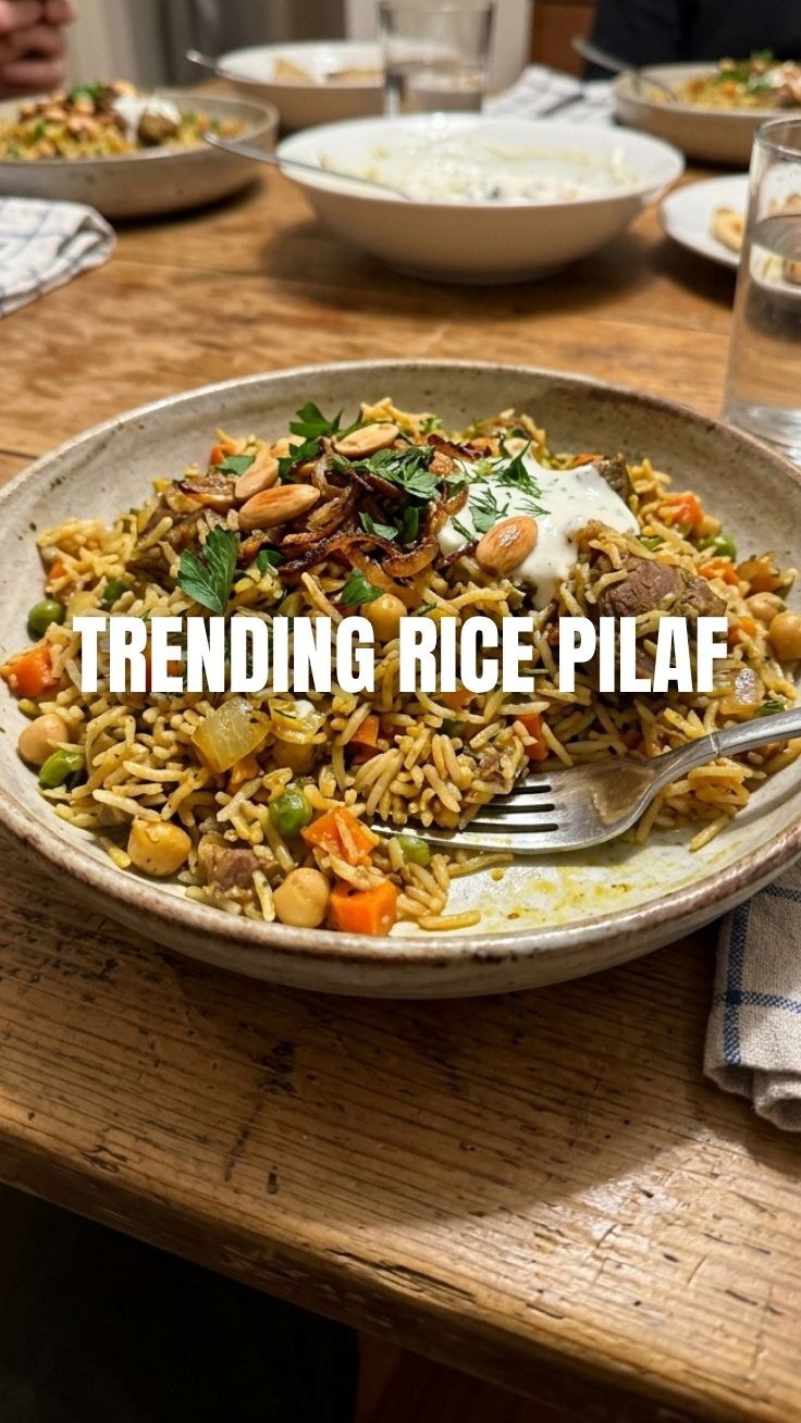 A steaming bowl of savory rice pilaf garnished with fresh herbs