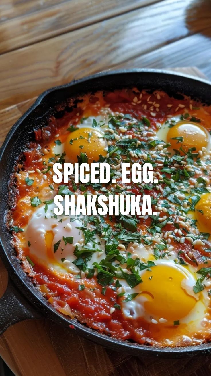 A vibrant shakshuka dish with poached eggs, tomatoes, and herbs in a pan