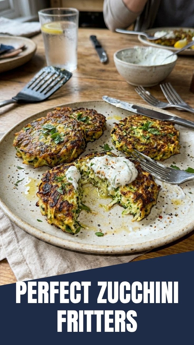 A plate of freshly made zucchini fritters, golden brown and garnished with herbs.