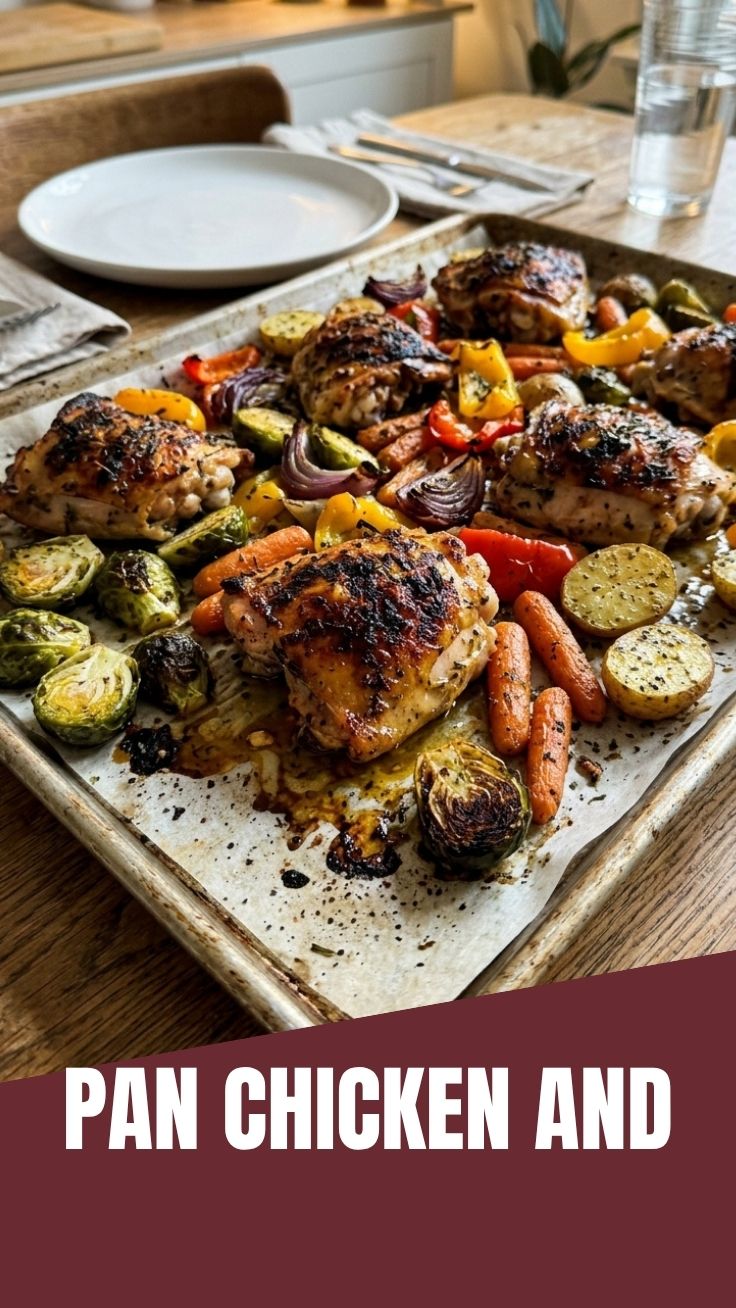 A colorful sheet pan chicken and vegetables dish, freshly roasted.