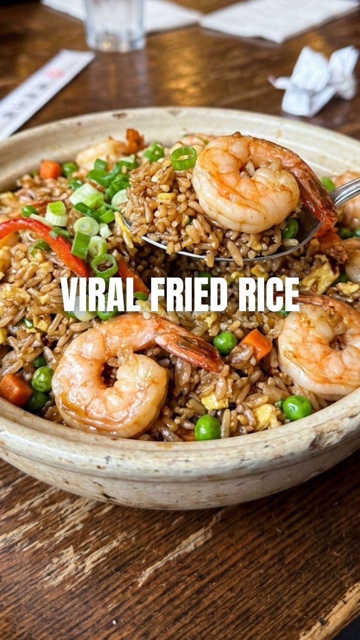 A vibrant bowl of shrimp fried rice with mixed vegetables and succulent shrimp.