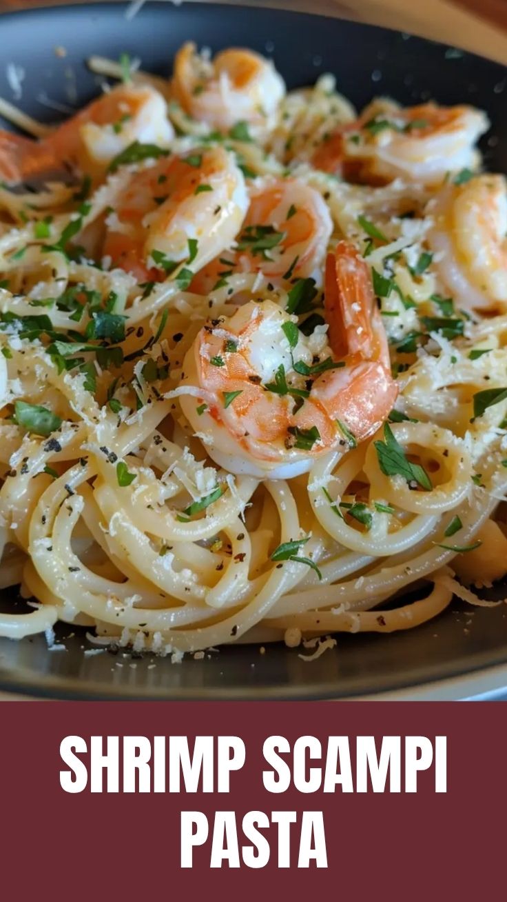 A generous serving of shrimp scampi pasta with succulent shrimp.