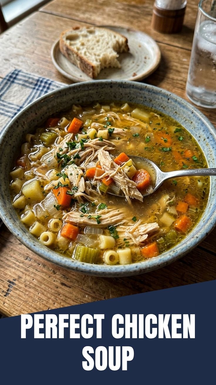 A steaming bowl of slow cooker chicken soup with vegetables.