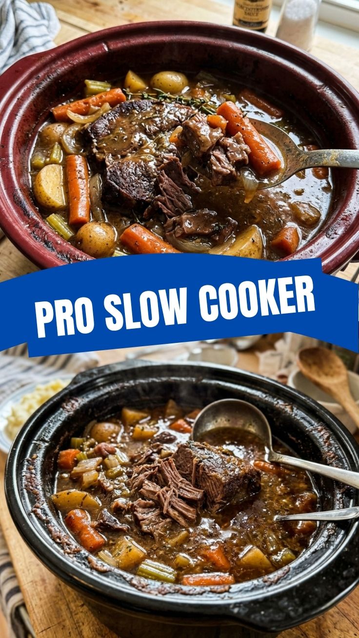 A delicious slow cooker pot roast in a ceramic pot, ready to serve.