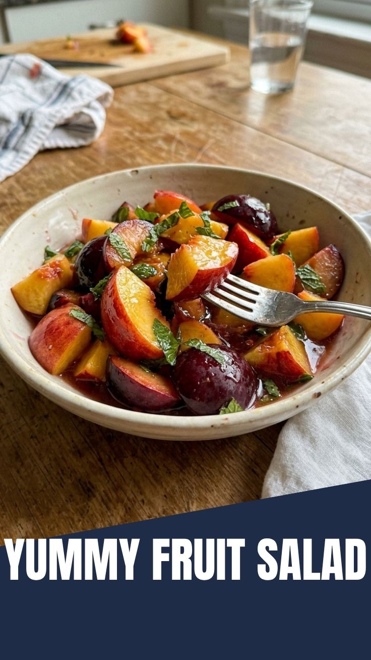 A colorful stone fruit salad featuring peaches and plums, ready to eat.