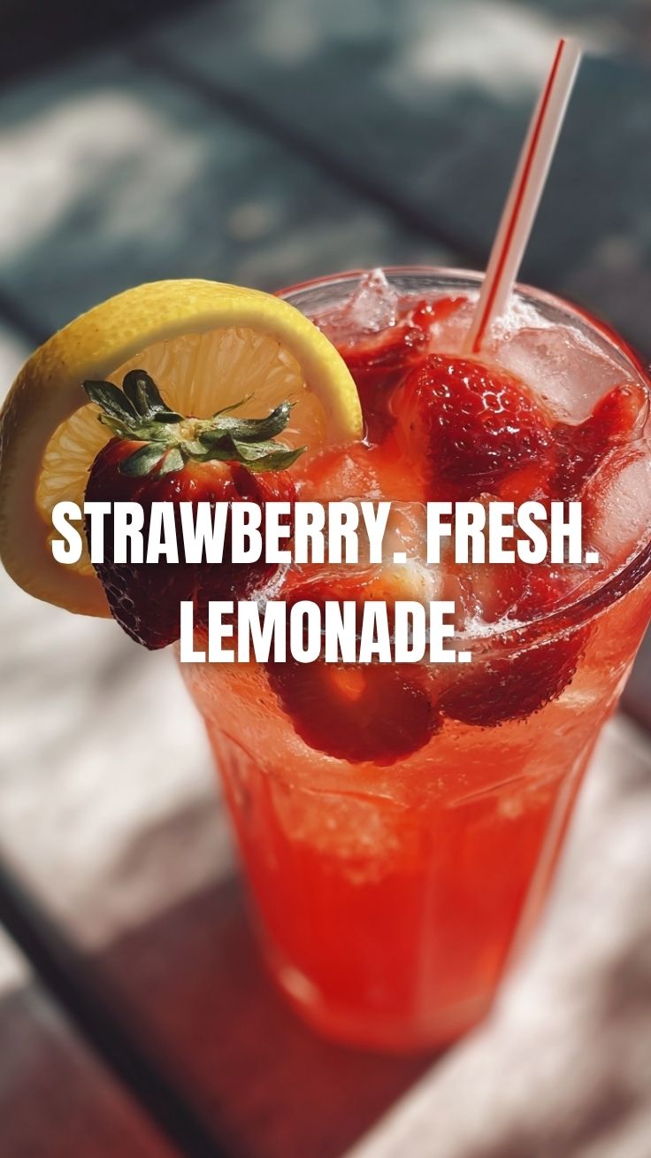 A refreshing glass of strawberry lemonade with ice and a lemon slice